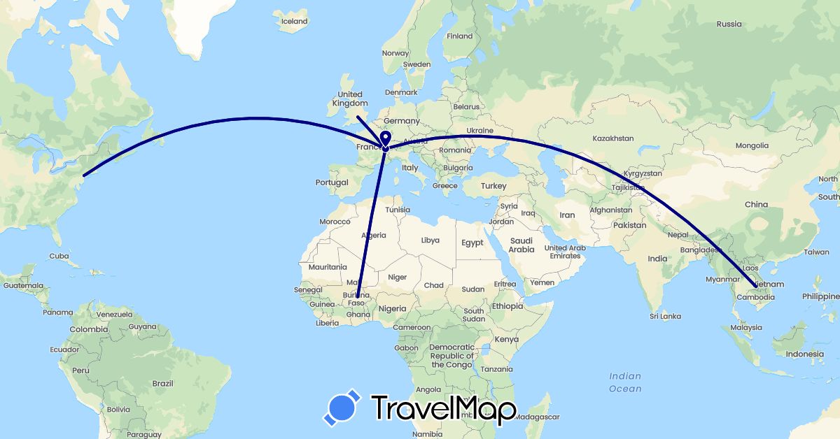 TravelMap itinerary: driving in Burkina Faso, Switzerland, United Kingdom, Thailand, United States (Africa, Asia, Europe, North America)